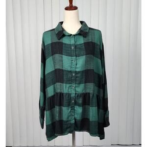 American Eagle Button Front Peplum Top Long Sleeve Plaid Green Black Size XL New